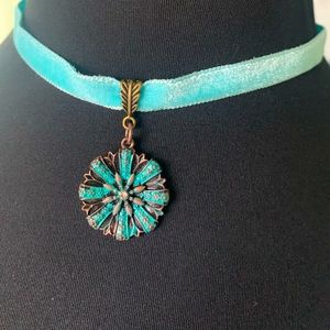Necklace aqua blue velvet choker medallion pendant